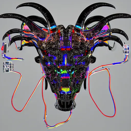 Prompt: cybernetic evil goat head merged with complex circuitry and machinery, multicolored, giger