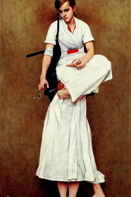 Image similar to photo photorealistic portrait photograph Emma Watson as a nurse, full length photo portrait by Norman Rockwell