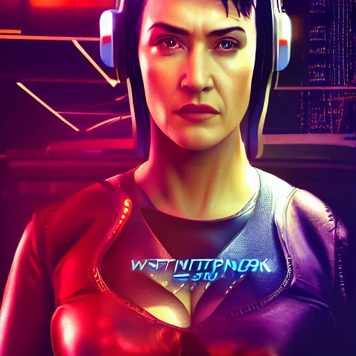 Image similar to kate winslet portrait, cyberpunk 2 0 7 7, cyberpunk judy alvarez, photorealistic, ultra detailed, neon, octane, bokeh, cinematic lighting, cyber, cyberpunk city, studio quality, feature, scars, cyberface, 8 k