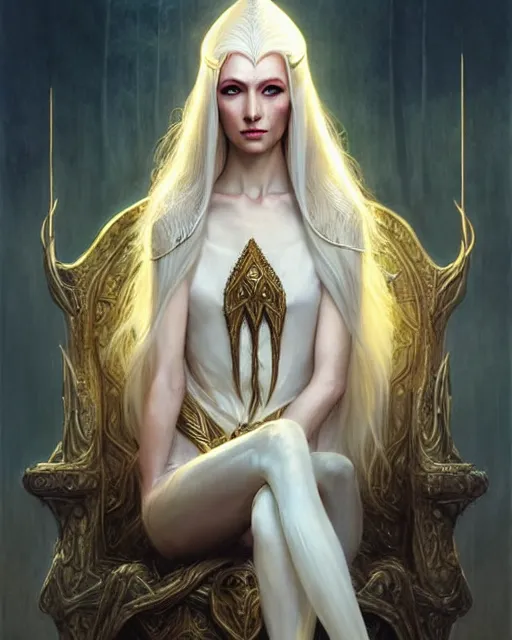 Image similar to tall slender elven queen sitting on the throne, full body, long white hair, pale skin, golden coloured eyes | | realistic shaded, fine details, fine - face, realistic shaded lighting poster by greg rutkowski, magali villeneuve, artgerm, jeremy lipkin, michael garmash, rob rey