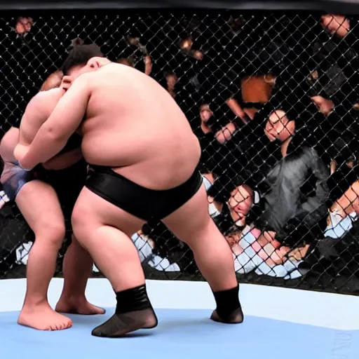 Image similar to robocop sumo wrestler getting body slammed in the ufc octagon