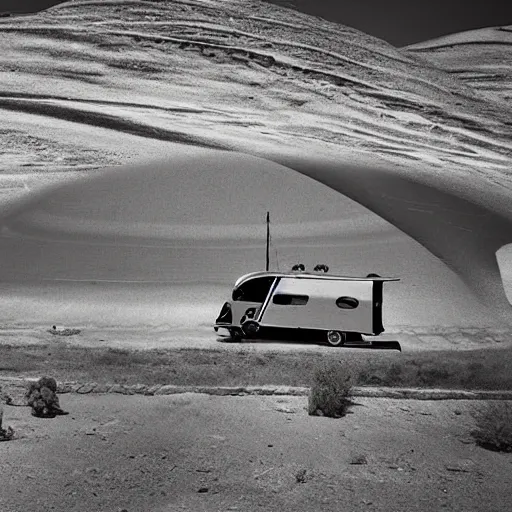 Image similar to a scenography of an old circus caravan in the middle of a desert.