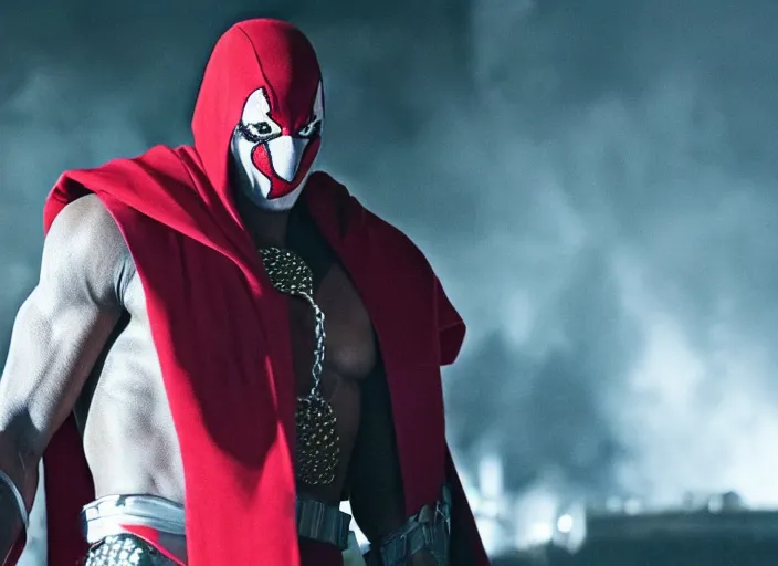 Image similar to film still of michael b jordan as spawn in the new spawn movie, giant chains, large cape, 8 k