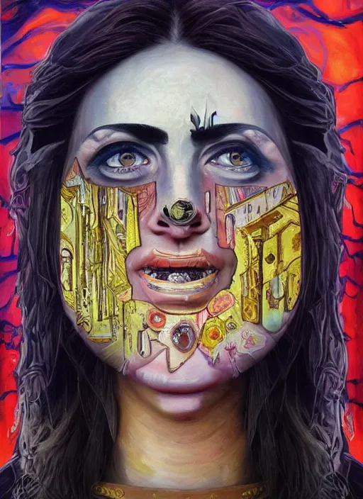 Prompt: creative magic cult psychic woman smiling, third eye concept, subjective consciousness psychedelic, epic surrealism expressionism symbolism, story telling, iconic, dark robed, oil painting, symmetrical face, dark myth mythos, by Sandra Chevrier, Noriyoshi Ohrai masterpiece