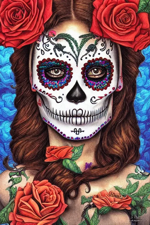 Prompt: Illustration of a sugar skull day of the dead girl, art by michael cheval