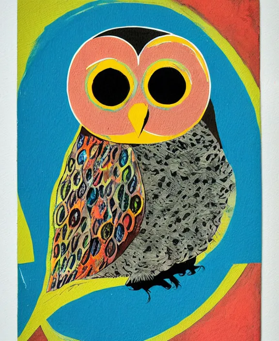 Prompt: owl, mixed media, abstract on canvas, gouache paint, matte colors, nostalgiacore, vintage, 1 9 5 0's decor, retro, intricate maximalism, flat shading, voronoi, groovy, low fi,