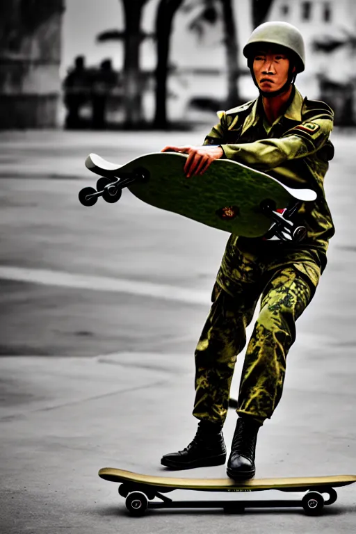 Image similar to vietnam soldier playin skateboard, photorealistic, smooth, 4 k, aesthetic lighting, baroque object, hyperdetailed, professional photography, pullitzer winning, photo by : canon eos 5 d mark iv, by karah mew and adnan abidi