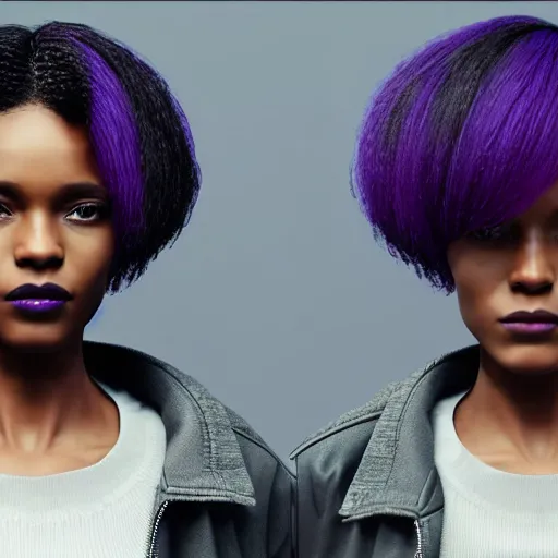 Image similar to black woman, hairstyle = short bob, hair colour = grey, eyes = purple, wearing dark green bomber jacket, realistic 4 k octane beautifully detailed render, 4 k post - processing, highly detailed, intricate complexity, epic composition, magical atmosphere, cinematic lighting, masterpiece, ultra hd