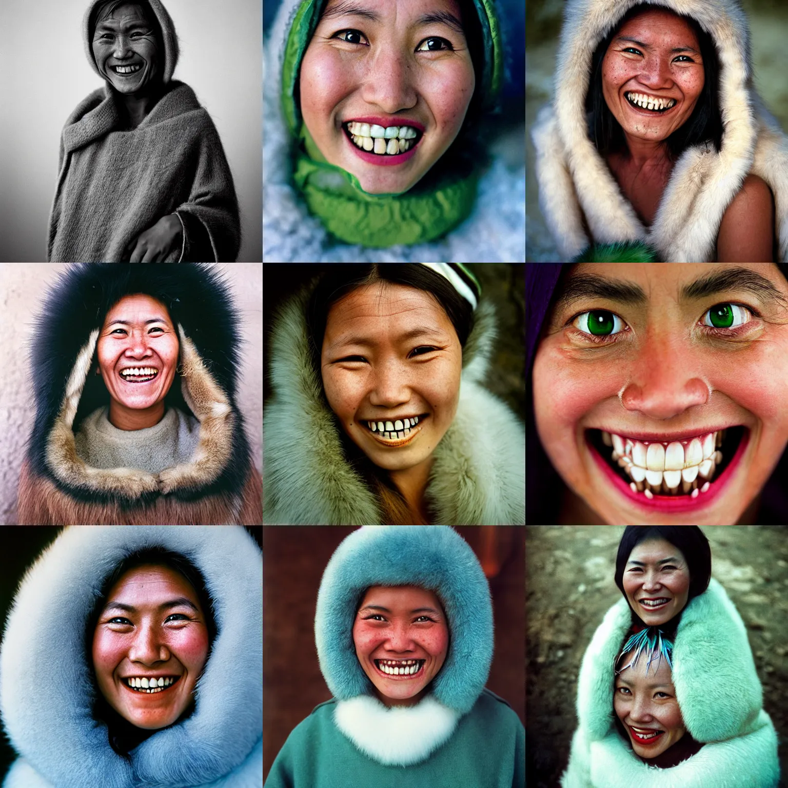 Prompt: portrait of a pretty eskimo woman, large green eyes, smiling with an open mouth, showing her shining white teeth, photograph by steve mccurry