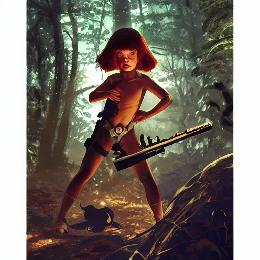 Prompt: dark scene of a tiny squirrel warrior holding blasters, surrounded by glowing eyes in the forest, realistic shaded lighting poster by ilya kuvshinov katsuhiro otomo, magali villeneuve, artgerm, jeremy lipkin and michael garmash and rob rey