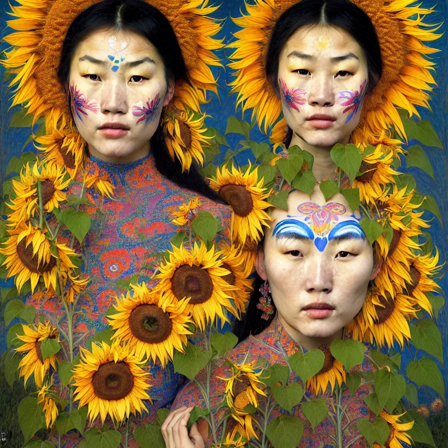 Prompt: portrait of only one beautiful mongolian woman wearing colourful face paint surrounded by bright intricate patterns of sunflowers and other plants, by edgar maxence and caravaggio and michael whelan, intricate painting, hyperrealistic, finely detailed and beautiful aesthetic face, 8 k resolution