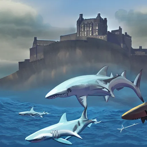 Prompt: sharks swimming above Edinburgh Castle, concept art in style of Greg Rutkowki, dynamic lighting