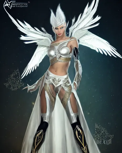 Prompt: attractive white haired egyptian queen wearing white dove wings, warframe armor, regal, attractive, ornate, sultry, sexy, beautiful, elize theron, pretty face, green eyes, scifi platform, 4 k, ultra realistic, epic lighting, illuminated, cinematic, masterpiece, art by akihito tsukushi, voidstar, artgerm