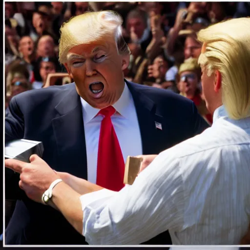 Image similar to donald j. trump spitting chocolate onto liberals