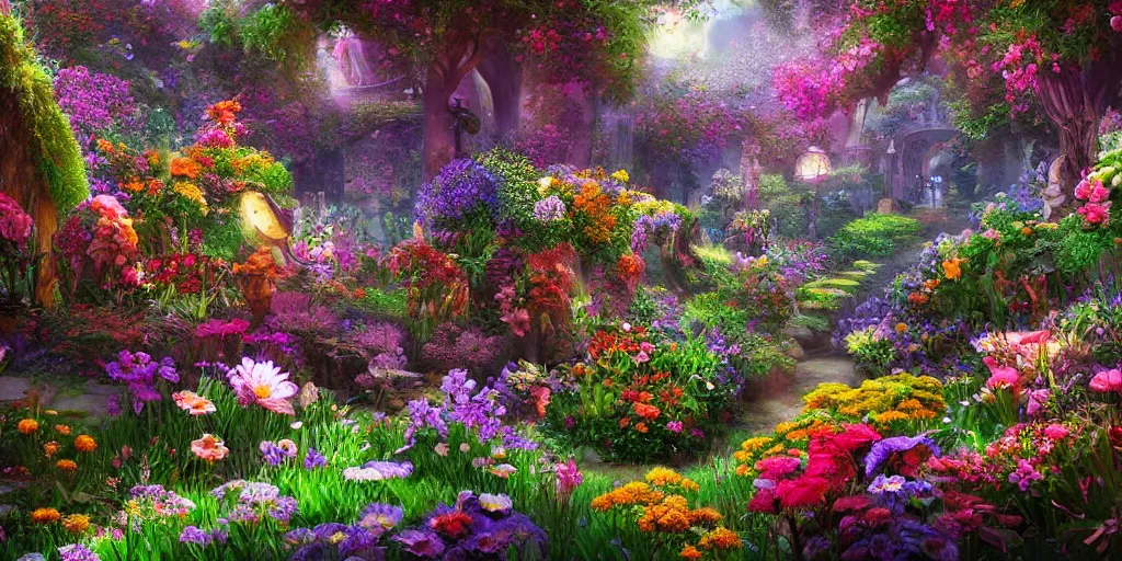 Prompt: beautiful fantasy flower garden, saturated, detailed lighting, high quality, sharp focus, intricate, digital painting, artstation, 4k