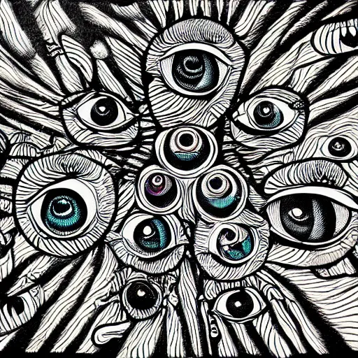 Image similar to hundreds of eyeballs, pen and ink, psychedelic, eerie, surreal, very detailed