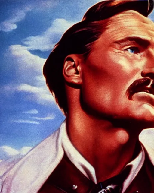 Image similar to Errol Flynn as a scientist. 1980s dystopian Soviet Russia, propaganda screens. Unreal engine, fantasy art by Gustave Courbet. Faithfully depicted facial expression, perfect anatomy global illumination, radiant light, detailed and intricate environment