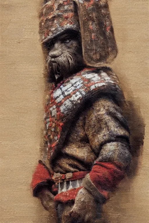 Image similar to slavic dog head man, woolen torso in medieval clothes, builds wooden house, oil painting,, concept art, hyperrealism, beautiful, high resolution, trending on artstation,