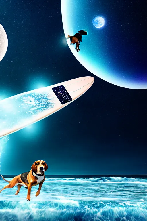 Image similar to beagle dog surfing a surfboard on a sparkly crashing wave of stardust in space, background is a moon in nebula, octane render, unreal engine, wide view, 8 k, highdetaild