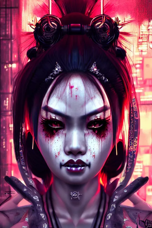 Image similar to ebony asian geisha goddess yakuza biotech raver gothic cyborg, cyberpunk city, urban decay, decay, horrorcore, underworld, dark art, highly detailed, digital painting, octane render, artstation, concept art, smooth, sharp focus, illustration, art by artgerm, loish, wlop