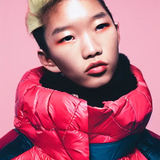 Image similar to realistic photoshooting for a new balenciaga lookbook, color film photography, portrait of a blonde asian woman, model wearing a puffer jacket, photo in style of tyler mitchell, 3 5 mm,