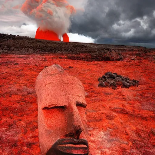 Image similar to a red sky and molten ground landscape, easter island heads are sinking in to the ground crumbling and seems to be fighting a storm or volcano, digital art