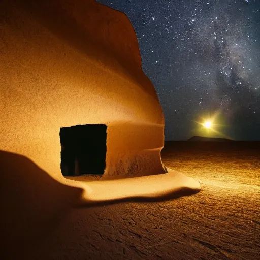 Image similar to cataclysm of design, desert hovel, beautiful landscape, midnight