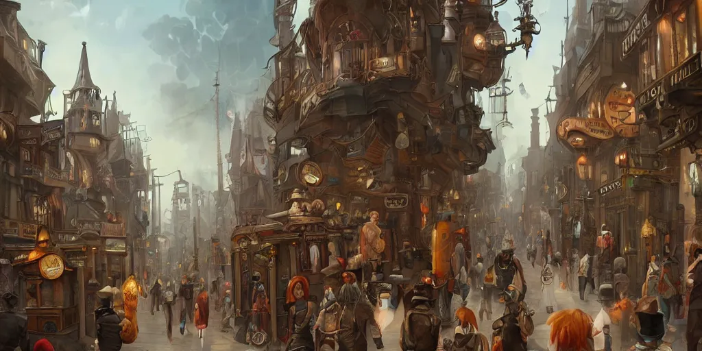 Prompt: a street of a big flying steam punk city full of people with strange costumes, artstation