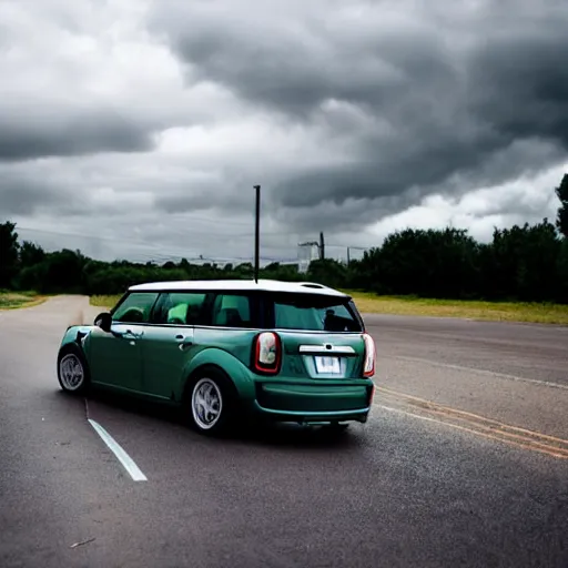 Prompt: a broken down mini-van, parked in empty suburb, with ominous clouds