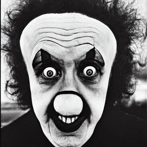 Prompt: portrait of a clown by Diane Arbus, 50mm, black and white photography