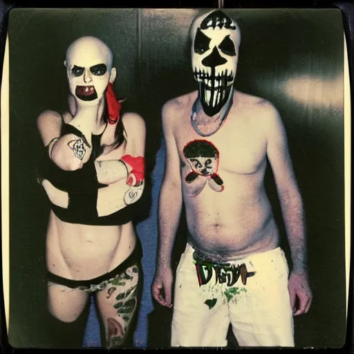 Prompt: found polaroid photo of juggalo trash humpers, wtf