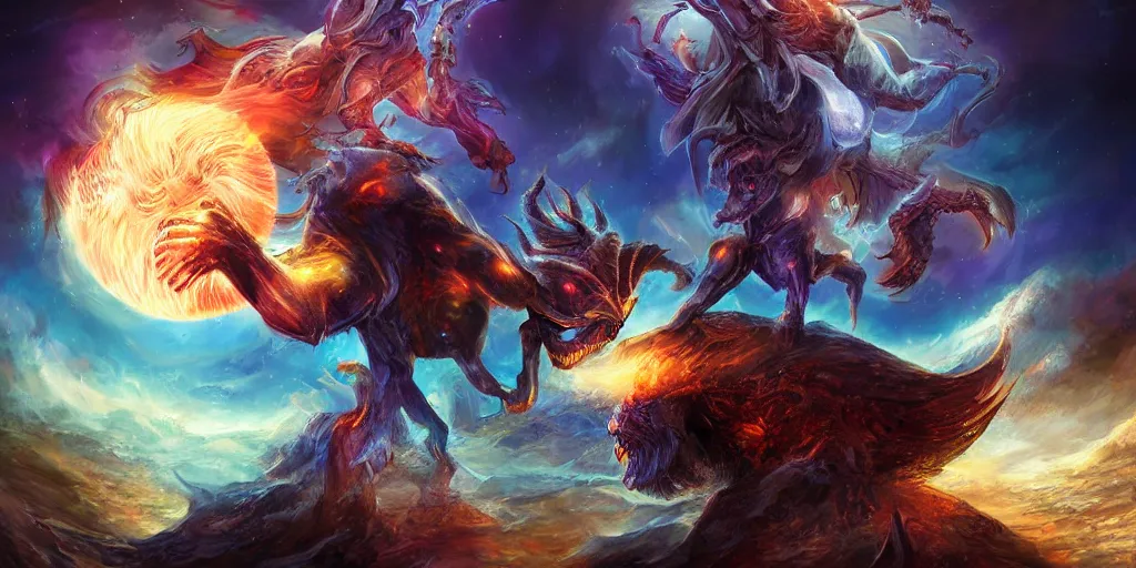 Prompt: cosmic guardian fighting a demonic beast, fantasy apocalypse, digital art, 4 k