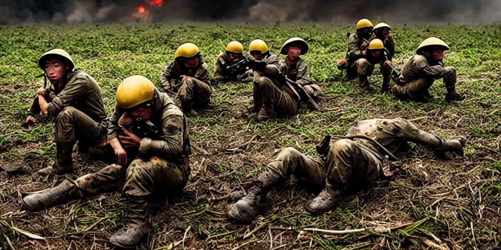 Image similar to exhausted wartorn minions in vietnam, destroyed field, explosions, blood, warzone, war, hyperrealistic, sharp focus, award winning photo