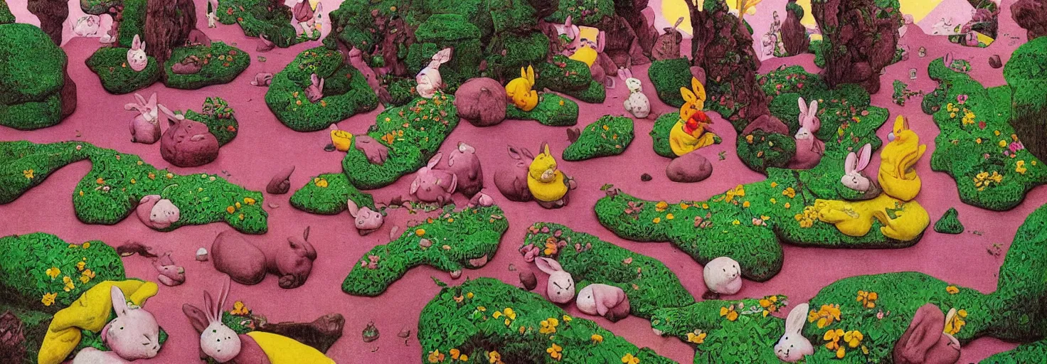 Image similar to a rock garden filled with pink rabbits, by m. c. escher, yellow, green, red, snowy, ultra sharp, ultra detailed, cyberpunk, happy, uplifting, colorized by salvador dali