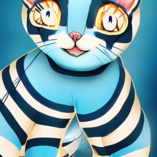 Image similar to cute blue striped cat of cheshire from alice in wonderland. an adorable cat with light blue stripes and a big playful smile. award - winning digital art, trending on artstation