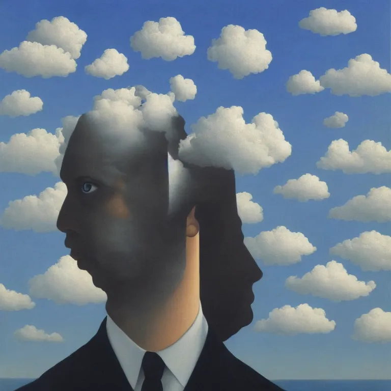 Image similar to portrait of a faceless reflective water - head man in a suit, clouds in the background, by rene magritte, detailed painting, distance, middle centered, hd, hq, high resolution, high detail, 4 k, 8 k