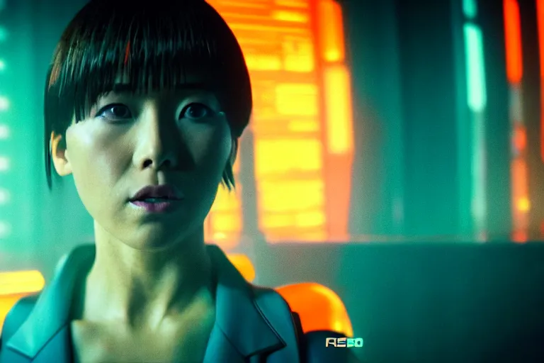 Prompt: major motoko wearing an orange prison jumpsuit, large hologram of a screaming face dominates the background, photography by fred palacio medium full shot still from bladerunner 2 0 4 9, sci fi, bladerunner, canon eos r 3, f / 3, iso 2 0 0, 1 / 1 6 0 s, 8 k, raw, unedited