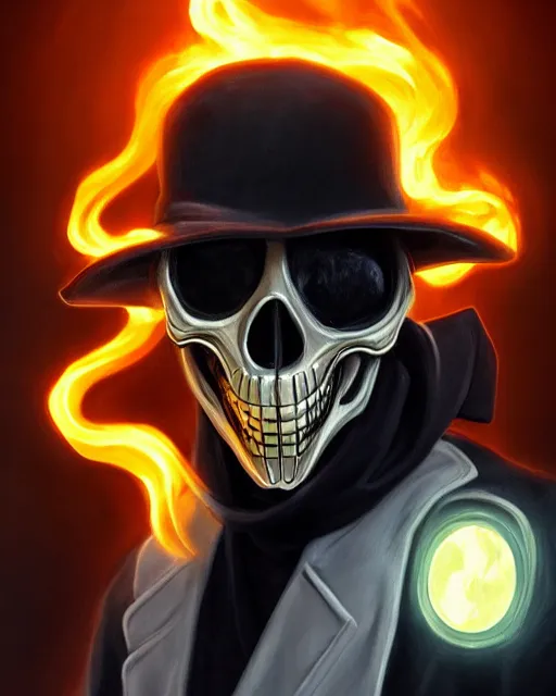 Image similar to a very elegant beautiful outstanding oil painting of a plague doctor as ghost rider, ghost rider skull showing, 4 k, unreal engine 5, digital art, dramatic lighting, artstation, in the style of ghost rider comic