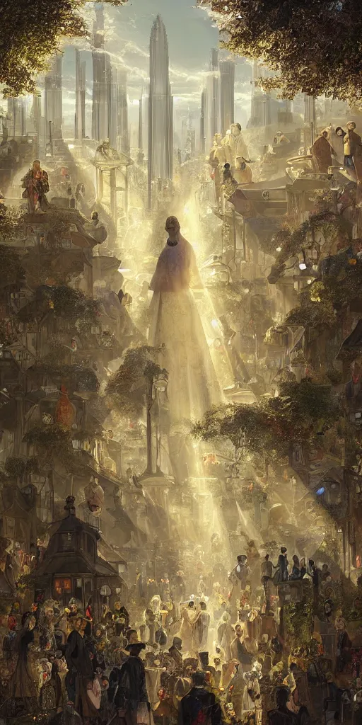 Prompt: portrait of a victorian lady within a crowd of people in a futuristic city, from behind, streets, angels in the sky, sunlight and rays of light shining through trees, tall buildings on the sides, beautiful, solarpunk!!!, highly detailed, digital painting