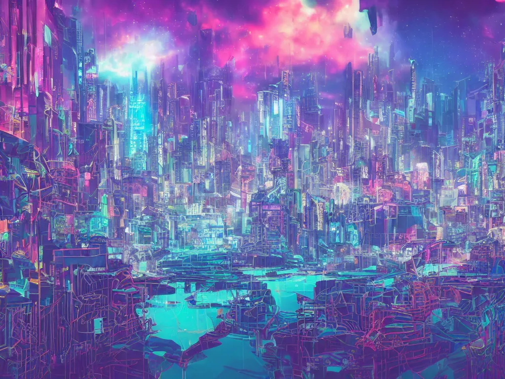 Image similar to mystical colorful cyberpunk city with a clear blue lake in a clearing where an abstract nebula crystal sculpture is floating above it, powerful, ethereal, vaporwave