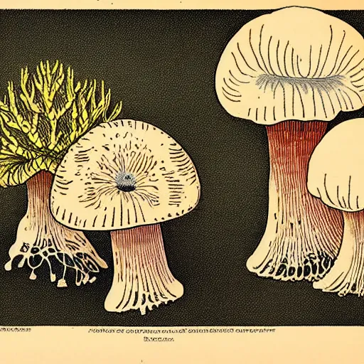 Prompt: ernst haeckle style illustration full page of different fungi