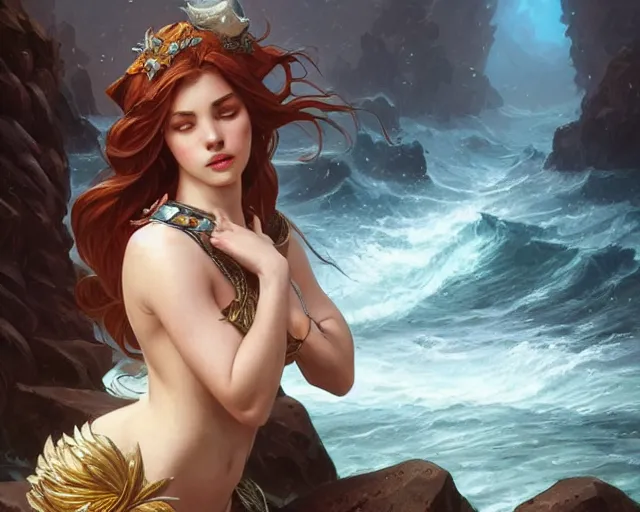 Prompt: a siren on the rocks singing, deep focus, d & d, fantasy, intricate, elegant, highly detailed, digital painting, artstation, concept art, matte, sharp focus, illustration, hearthstone, art by artgerm and greg rutkowski and alphonse mucha