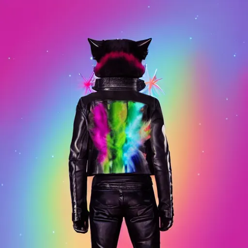 Image similar to wide angle full body, jacket wearing fluffy cute rainbow kitten wearing a black leather motorcycle jacket, cinematic concept art