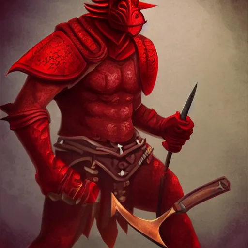 Image similar to red scaled male dragonborn wearing rogue outfit, muscular, wielding two daggers, fantasy, digital painting, cell shading, sharp, smooth focus