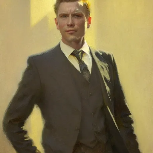 Image similar to detailed portrait of man in black suit, spring light, painting by gaston bussiere, craig mullins, j. c. leyendecker