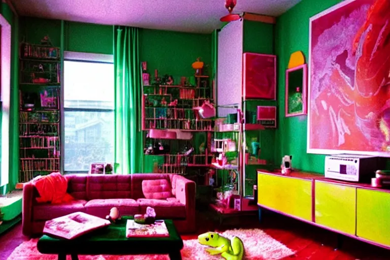 Image similar to apartment inspo groovy lava lamp theme, frog themed, in 2 0 5 5, y 2 k cybercore, bright - light photography, bathed in the glow of a crt monitor, still from a wes anderson movie