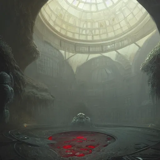 Image similar to concept art by greg rutkowski, a futuristic large inner garden under a great dome, desolate, covered in reddish slime on all sides, uncanny atmosphere, low light, scary atmosphere, scifi, highly detailed portrait, digital painting, artstation, concept art, smooth, sharp foccus ilustration, artstation hq