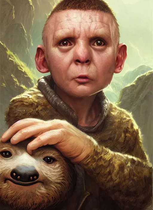 Image similar to highly detailed portrait of sloth from the goonies, realistic, cinematic adventure, fantasy art by greg rutkowski, stanley artgerm, loish, rhads, tom bagshaw, global illumination, radiant light, detailed and intricate environment