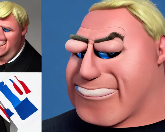 Image similar to boris johnson as mr incredible, character art, by various concept artists, redshift render, hyperrealistic face, photorealistic render