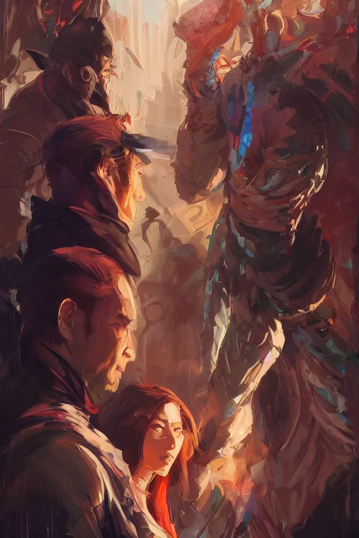 Image similar to portrait showing the contrast between good an evil, tooth wu, dan mumford, beeple, wlop, rossdraws, james jean, marc simonetti, artstation giuseppe dangelico pino and michael garmash and rob rey and greg manchess and huang guangjian and makoto shinkai